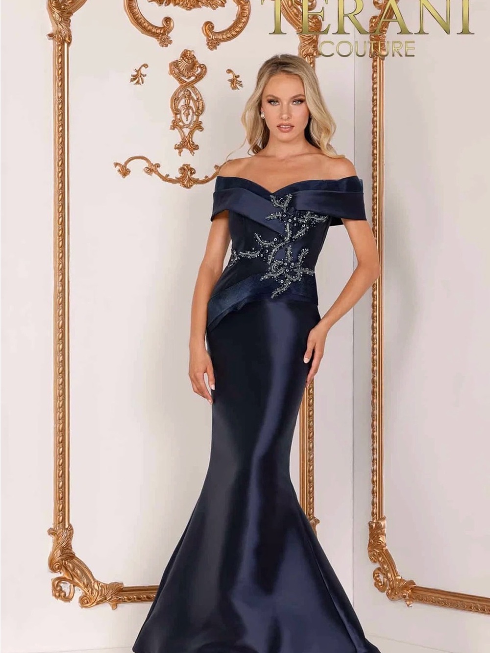 Terani Couture Off-Shoulder Navy Evening Gown